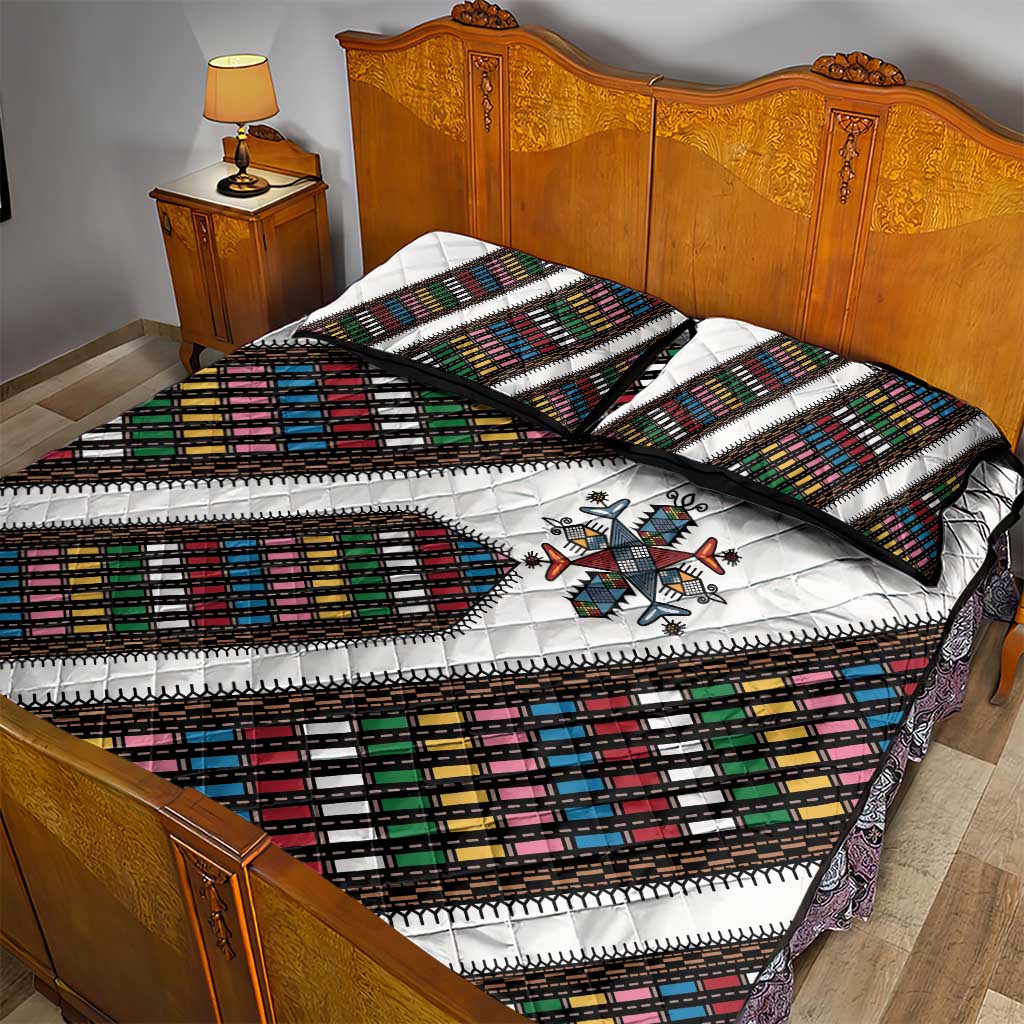 Habesha Kemis Inspired Tilet Pattern Quilt Bed Set White
