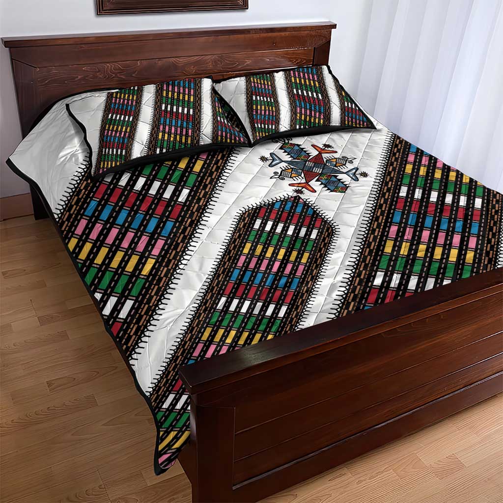Habesha Kemis Inspired Tilet Pattern Quilt Bed Set White