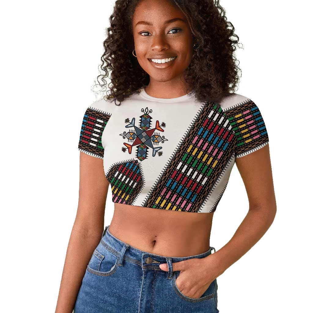 Habesha Kemis Inspired Tilet Pattern Raglan Cropped T shirt White
