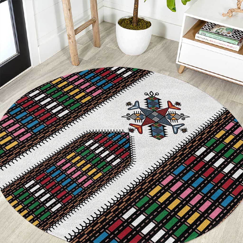 Habesha Kemis Inspired Tilet Pattern Round Carpet White