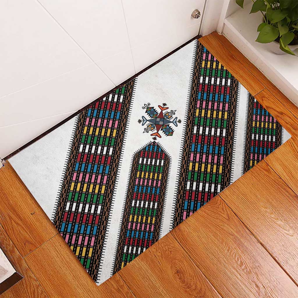 Habesha Kemis Inspired Tilet Pattern Rubber Doormat White