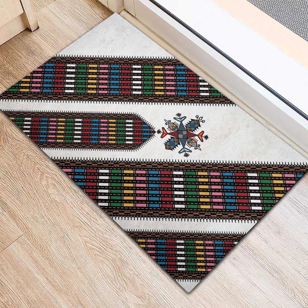 Habesha Kemis Inspired Tilet Pattern Rubber Doormat White