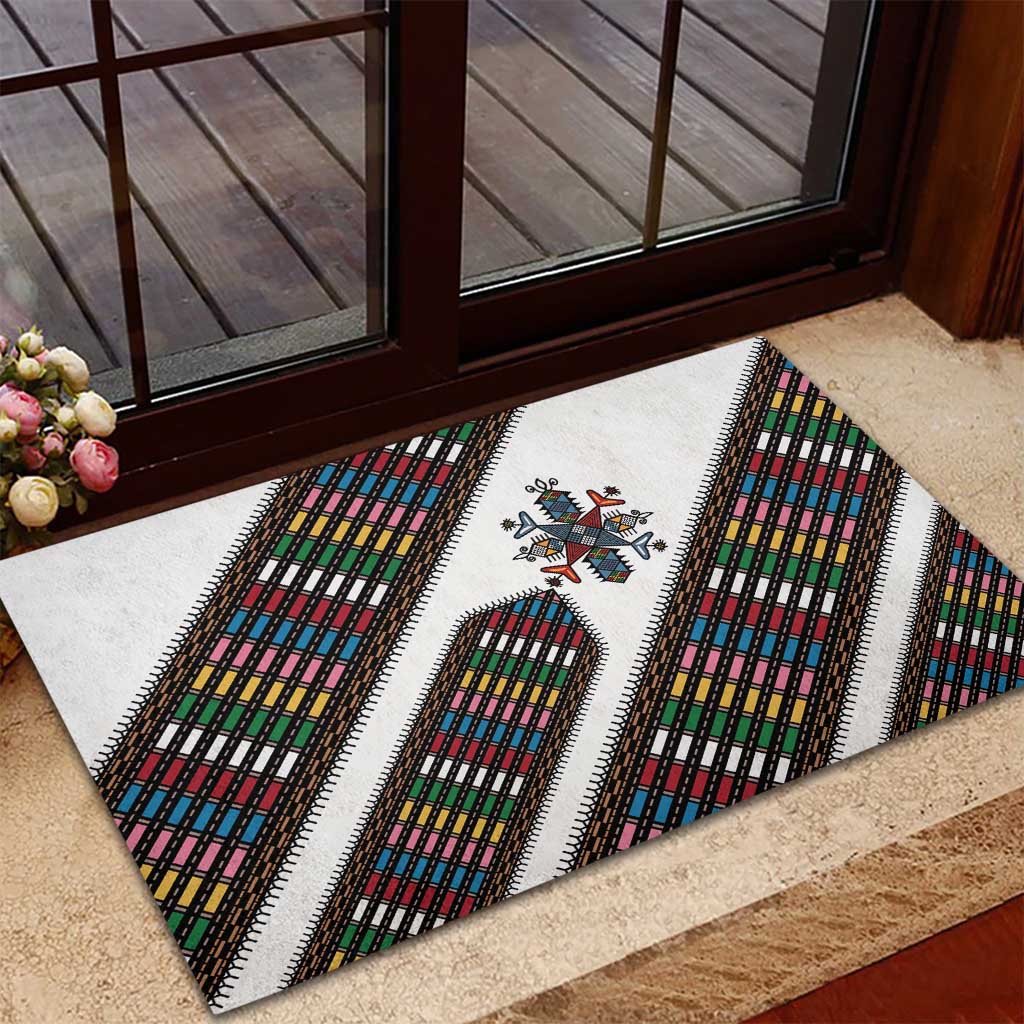 Habesha Kemis Inspired Tilet Pattern Rubber Doormat White