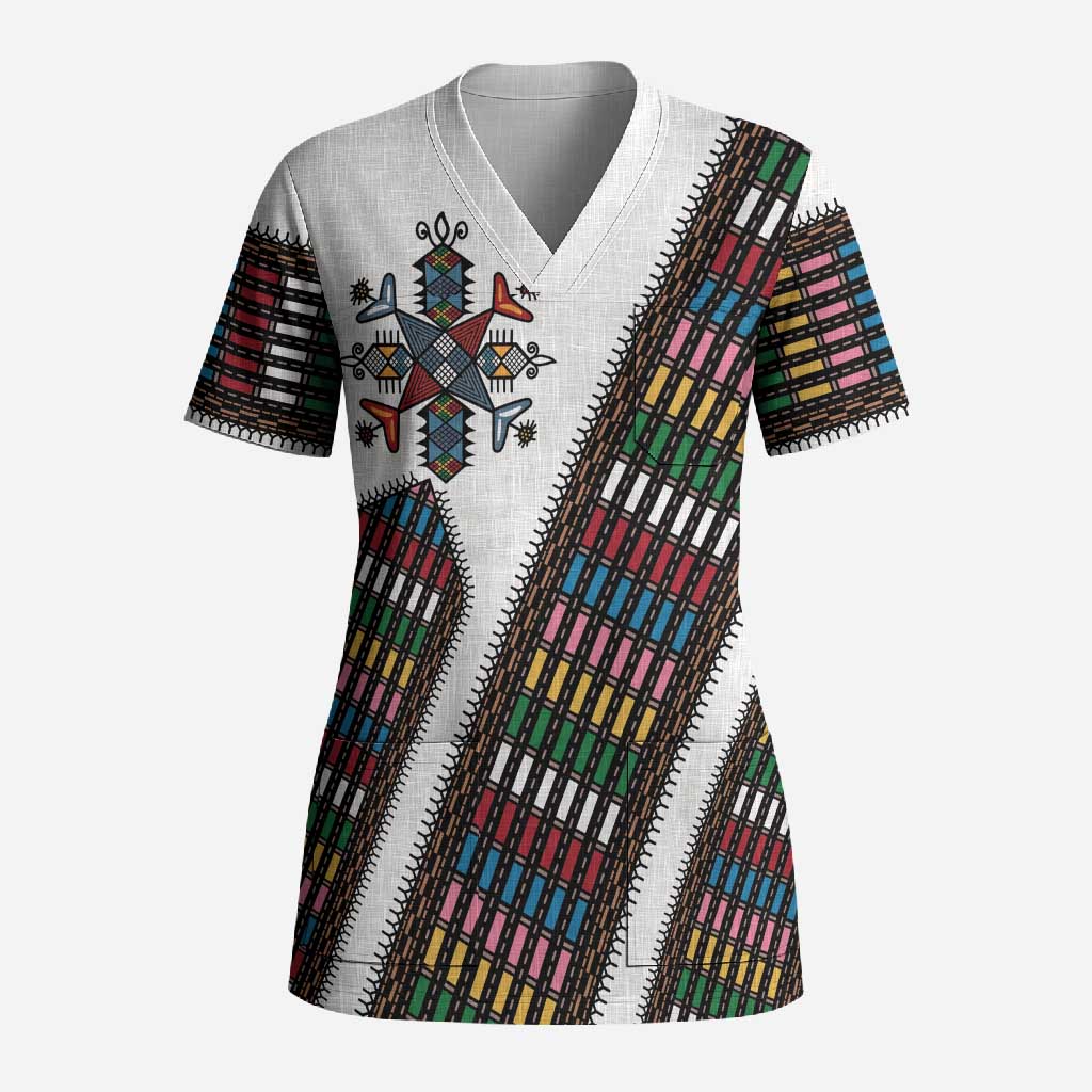 Habesha Kemis Inspired Tilet Pattern Scrub Top White