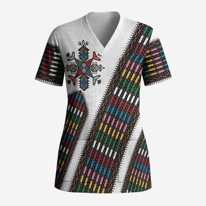 Habesha Kemis Inspired Tilet Pattern Scrub Top White