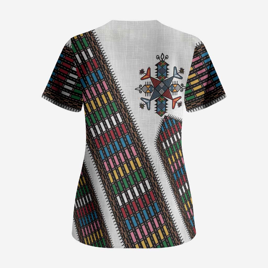 Habesha Kemis Inspired Tilet Pattern Scrub Top White