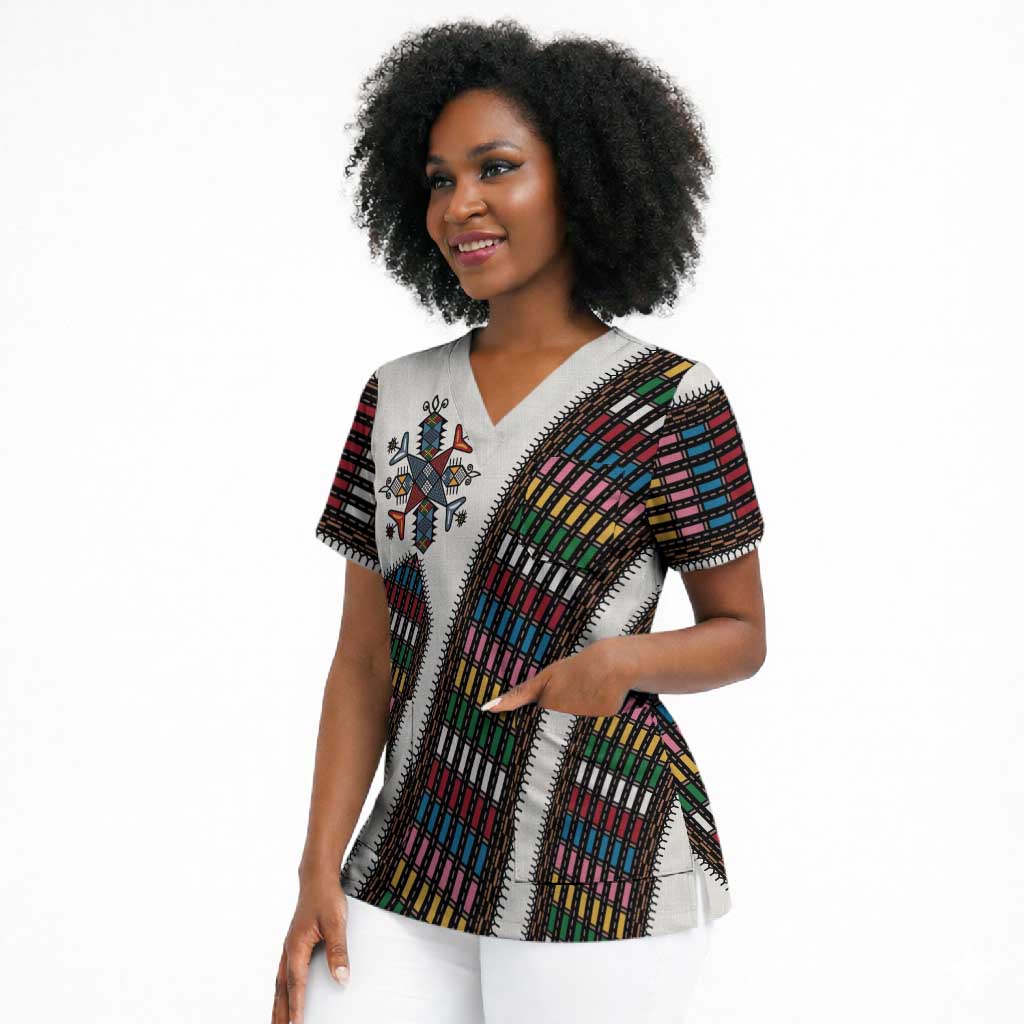 Habesha Kemis Inspired Tilet Pattern Scrub Top White