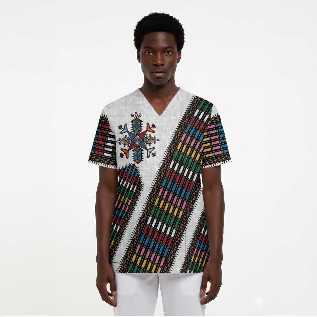 Habesha Kemis Inspired Tilet Pattern Scrub Top White