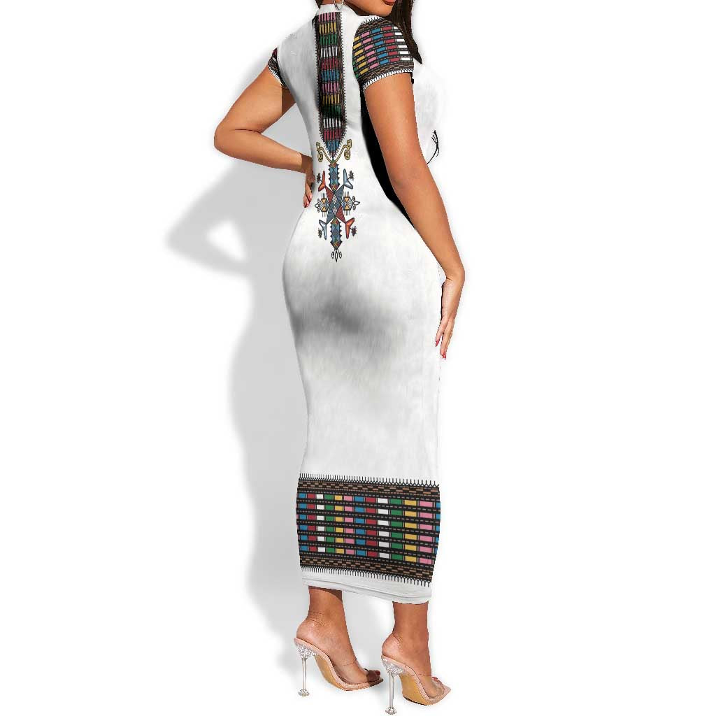 Habesha Kemis Inspired Tilet Pattern Short Sleeve Bodycon Dress White