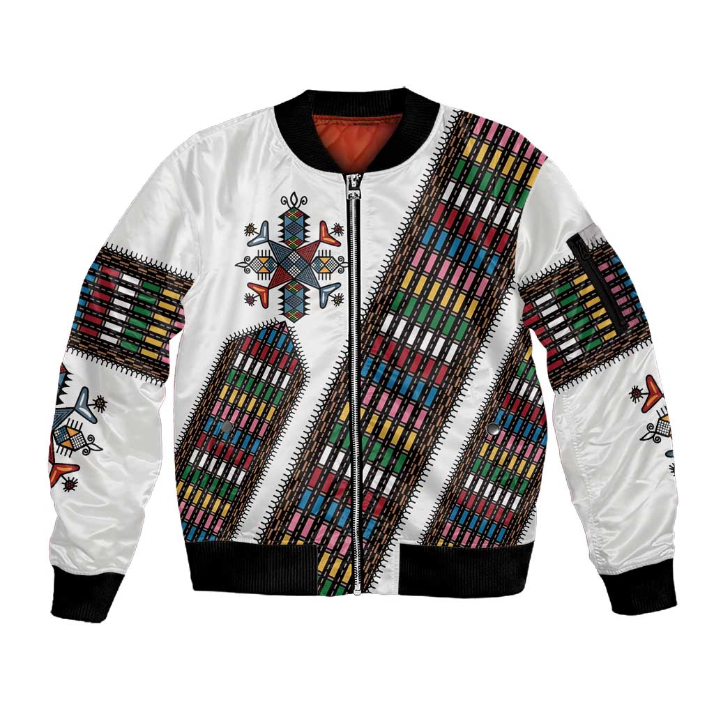 Habesha Kemis Inspired Tilet Pattern Sleeve Zip Bomber Jacket White
