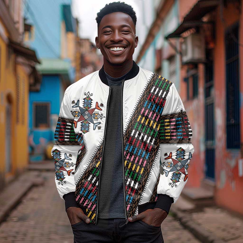 Habesha Kemis Inspired Tilet Pattern Sleeve Zip Bomber Jacket White