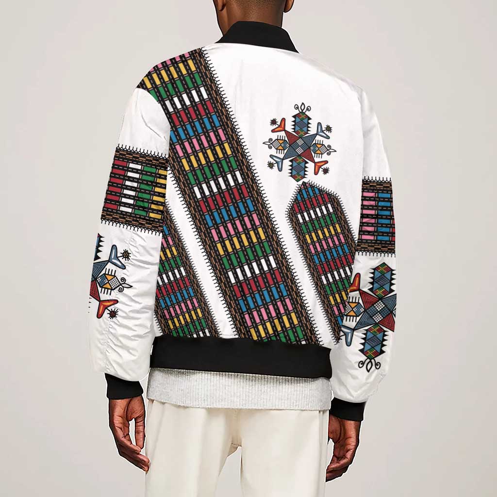 Habesha Kemis Inspired Tilet Pattern Sleeve Zip Bomber Jacket White