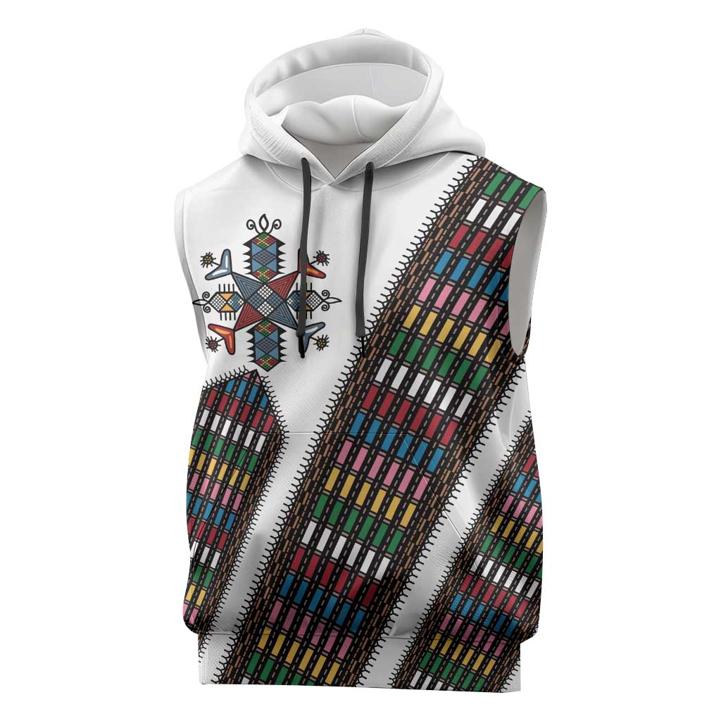Habesha Kemis Inspired Tilet Pattern Sleeveless Hoodie White