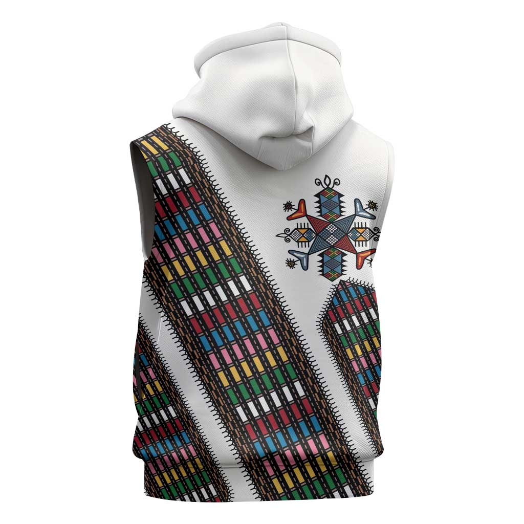 Habesha Kemis Inspired Tilet Pattern Sleeveless Hoodie White