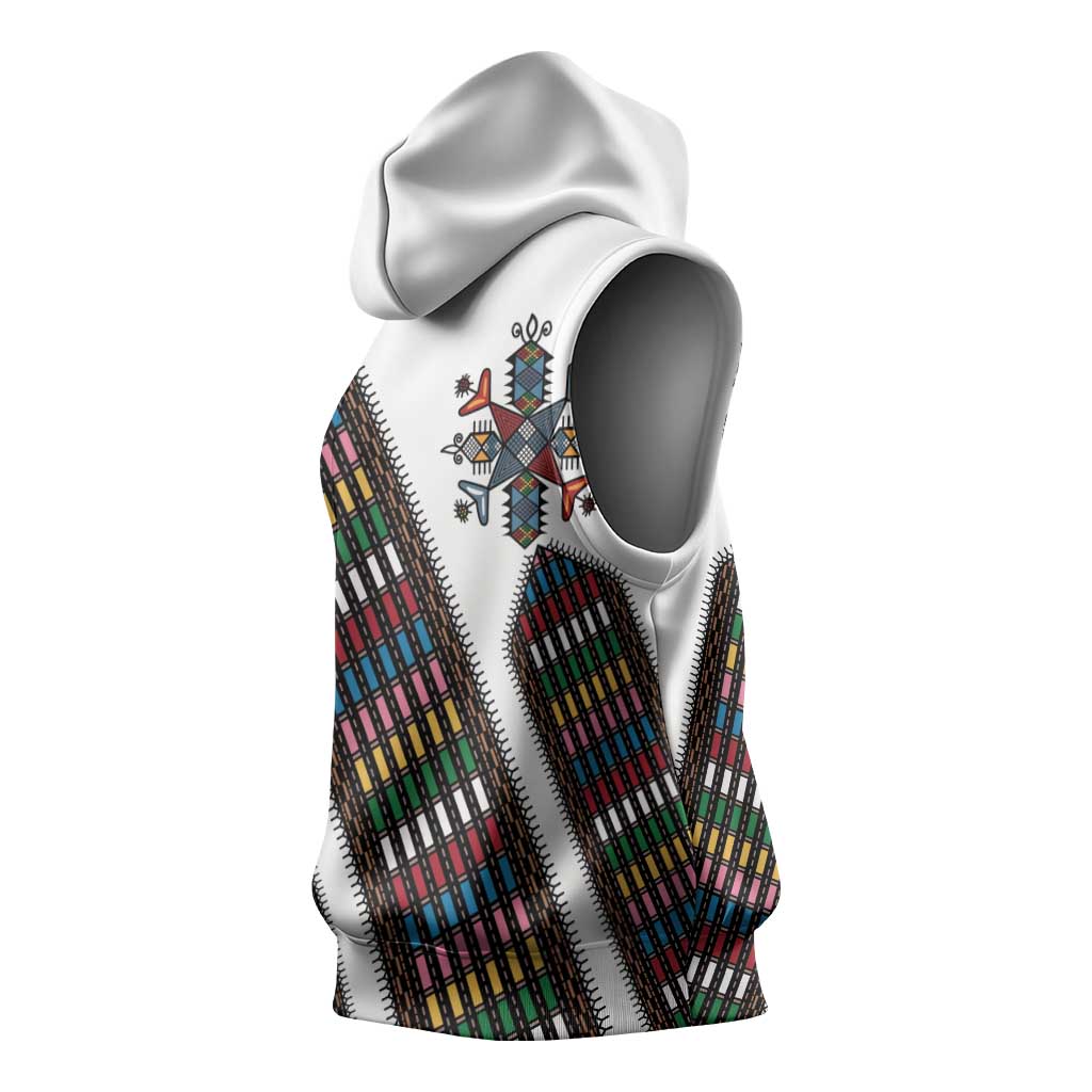 Habesha Kemis Inspired Tilet Pattern Sleeveless Hoodie White