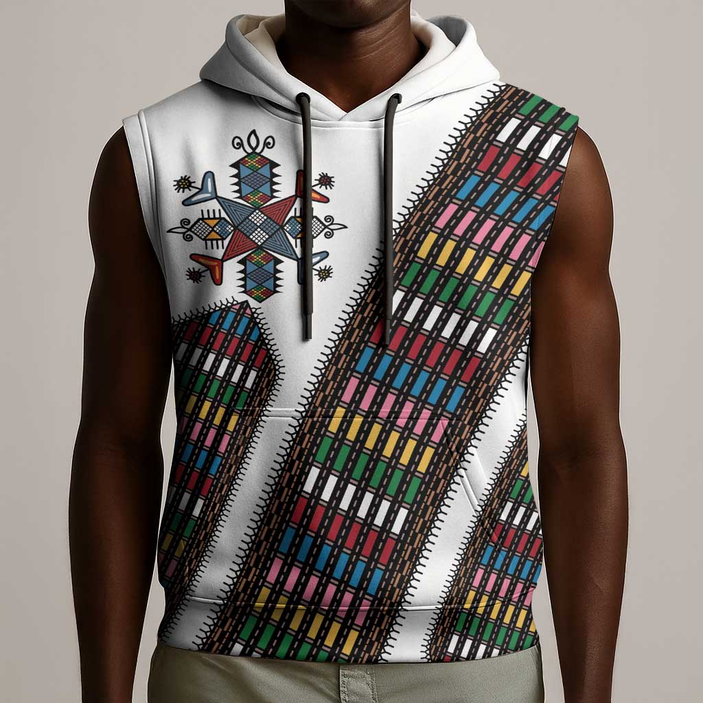 Habesha Kemis Inspired Tilet Pattern Sleeveless Hoodie White