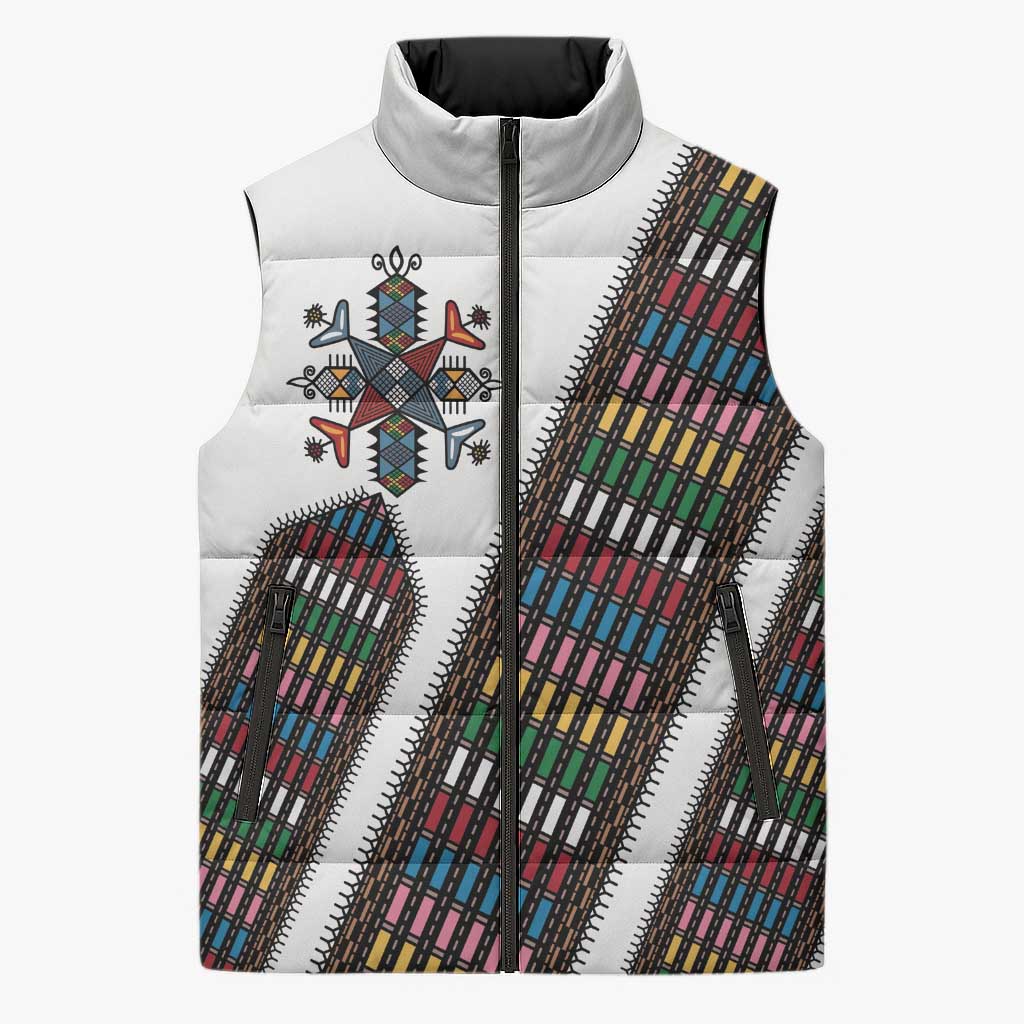 Habesha Kemis Inspired Tilet Pattern Sleeveless Puffer Jacket White