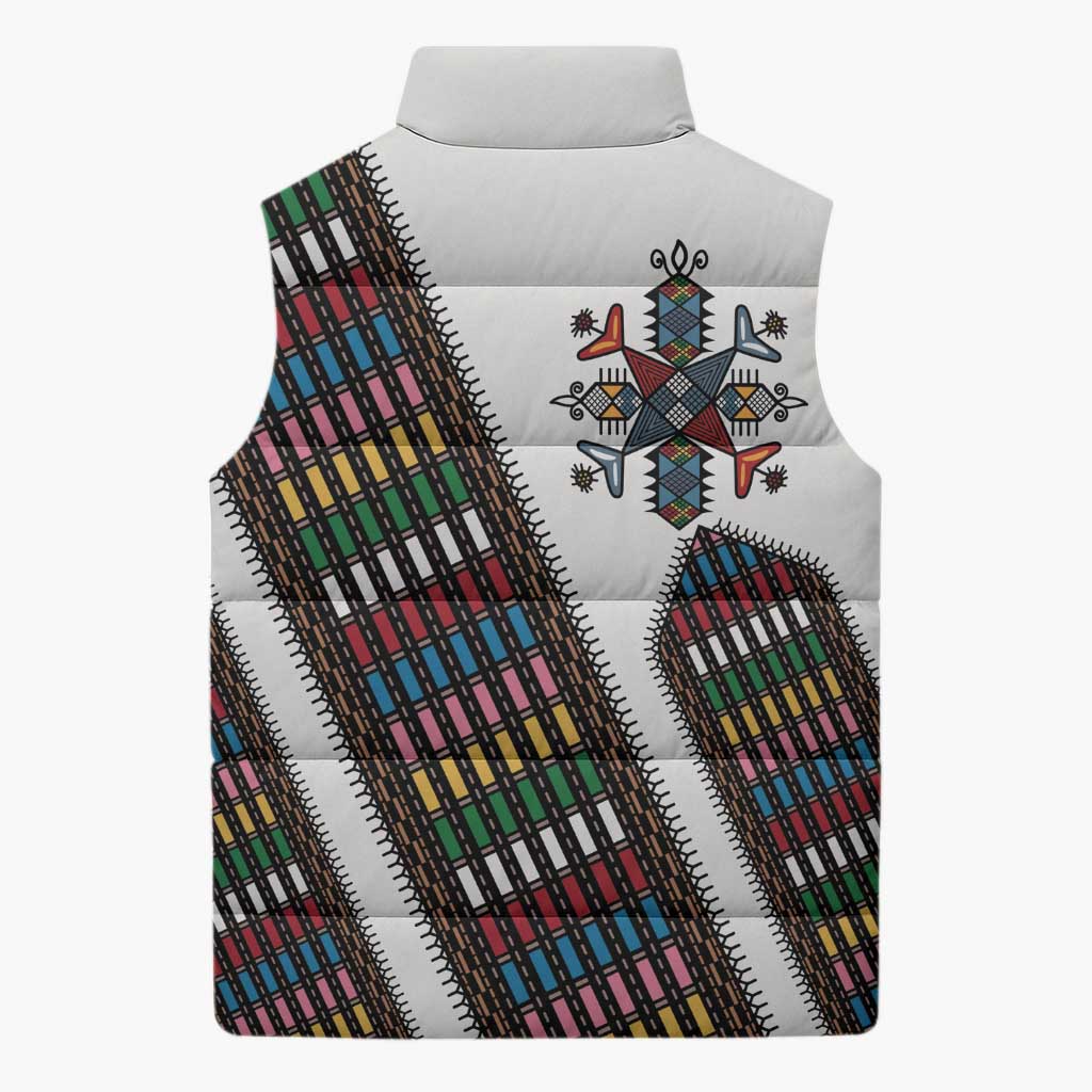Habesha Kemis Inspired Tilet Pattern Sleeveless Puffer Jacket White