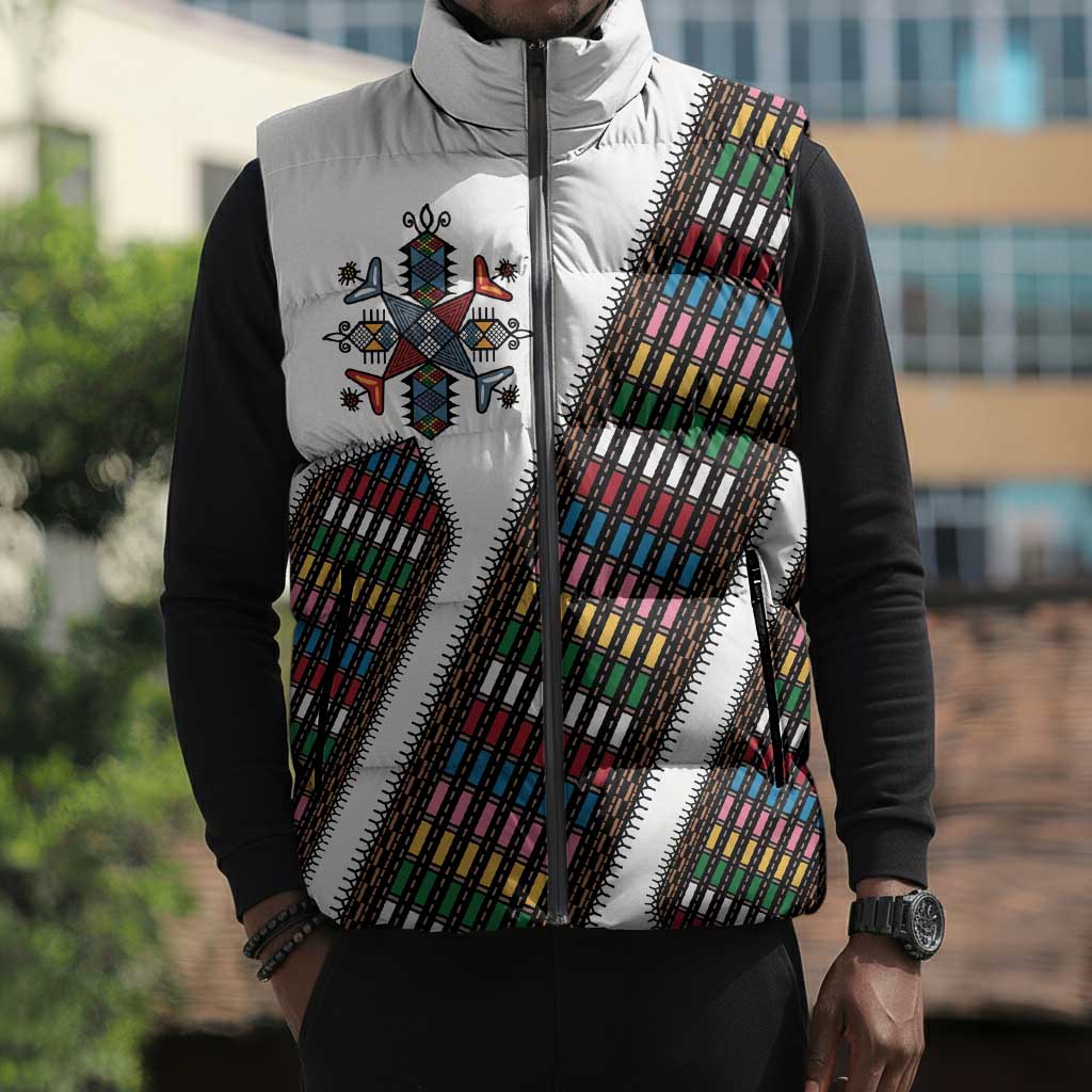 Habesha Kemis Inspired Tilet Pattern Sleeveless Puffer Jacket White