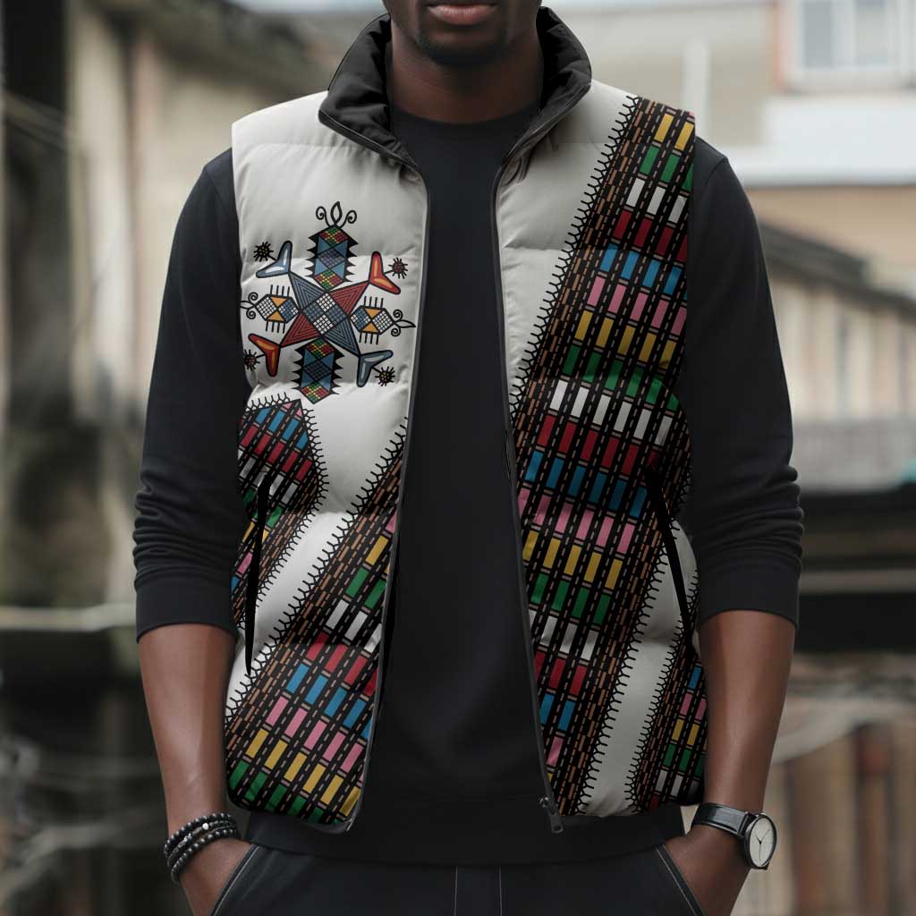 Habesha Kemis Inspired Tilet Pattern Sleeveless Puffer Jacket White