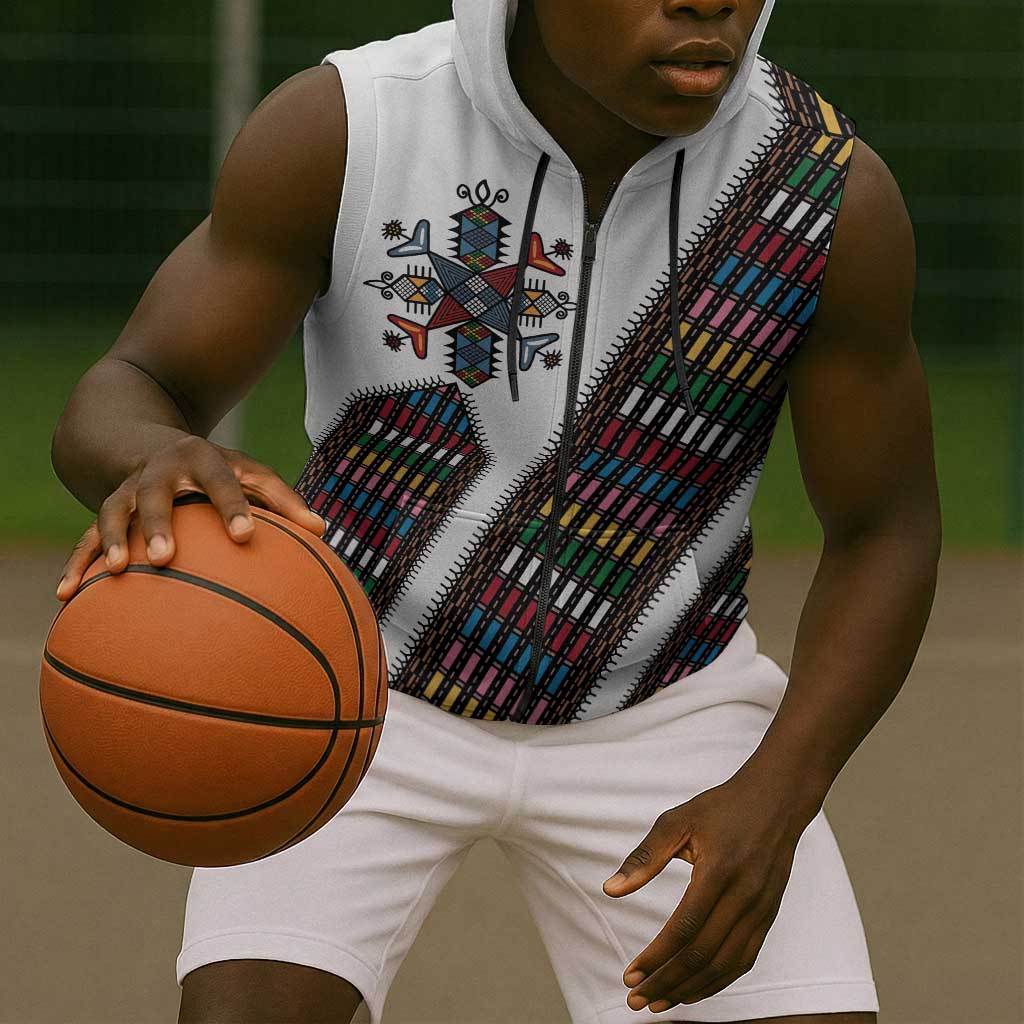 Habesha Kemis Inspired Tilet Pattern Sleeveless Zip Hoodie White