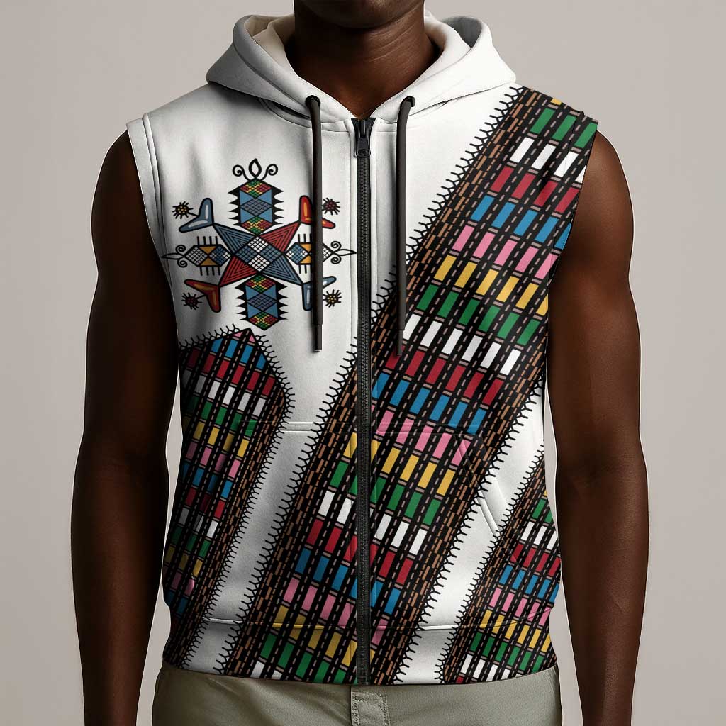 Habesha Kemis Inspired Tilet Pattern Sleeveless Zip Hoodie White