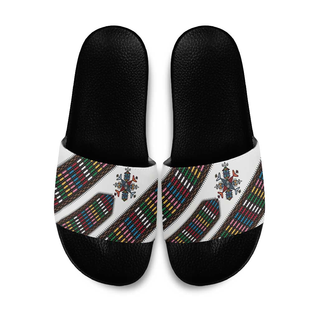 Habesha Kemis Inspired Tilet Pattern Slide Sandals White