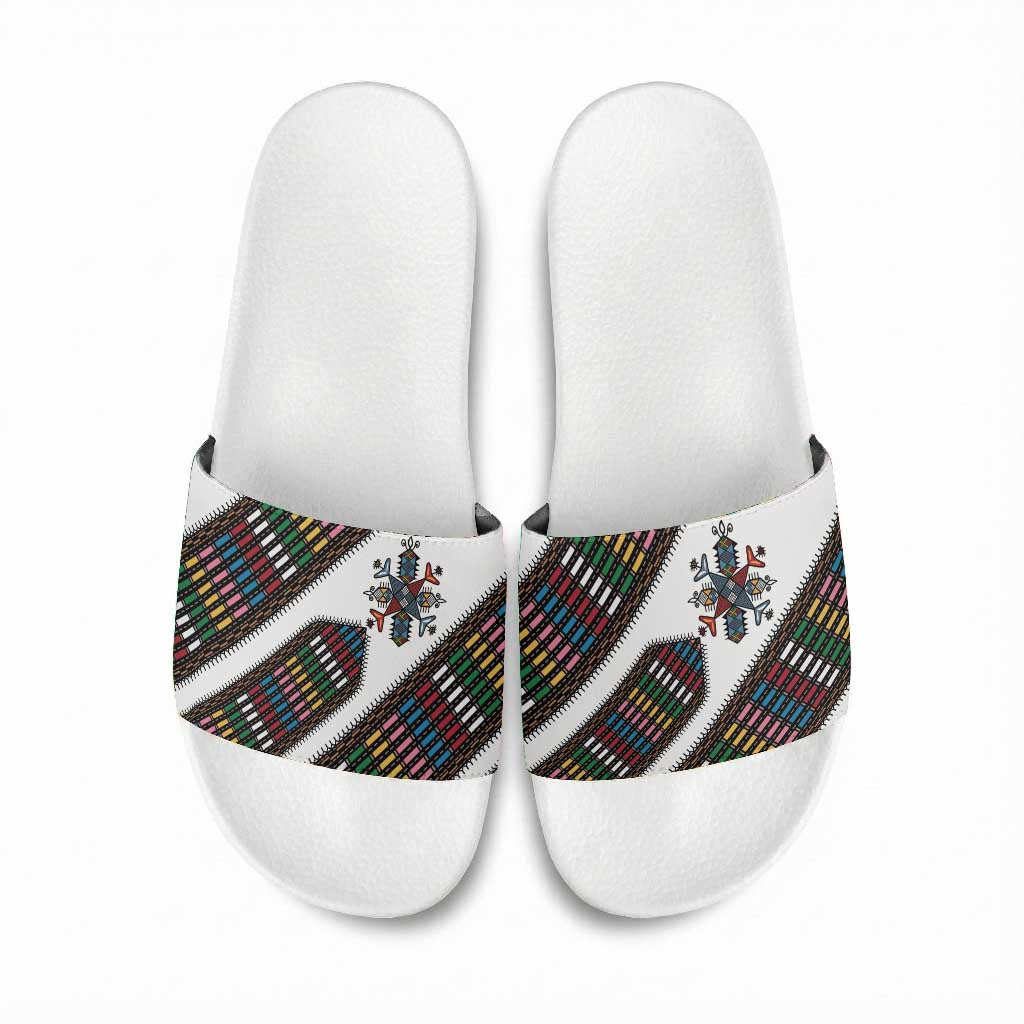 Habesha Kemis Inspired Tilet Pattern Slide Sandals White