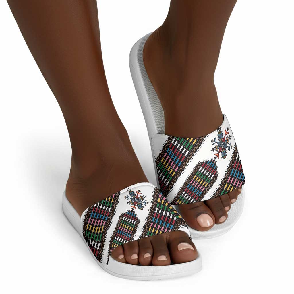 Habesha Kemis Inspired Tilet Pattern Slide Sandals White
