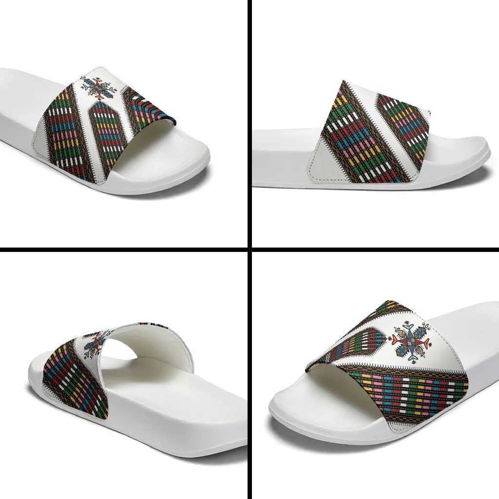 Habesha Kemis Inspired Tilet Pattern Slide Sandals White