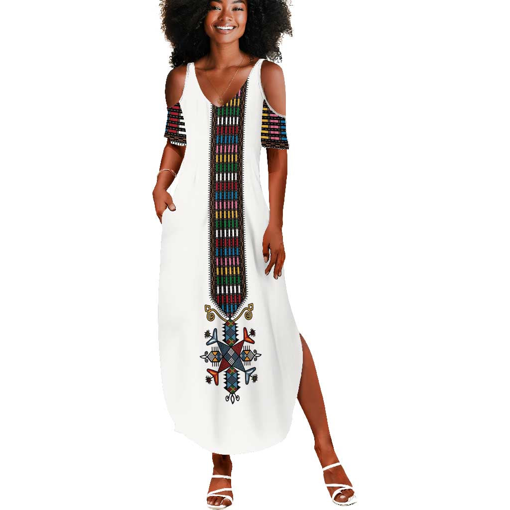 Habesha Kemis Inspired Tilet Pattern Summer Maxi Dress White