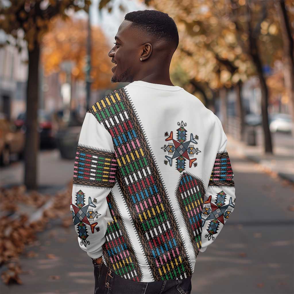 Habesha Kemis Inspired Tilet Pattern Sweatshirt White