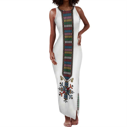 Habesha Kemis Inspired Tilet Pattern Tank Maxi Dress White