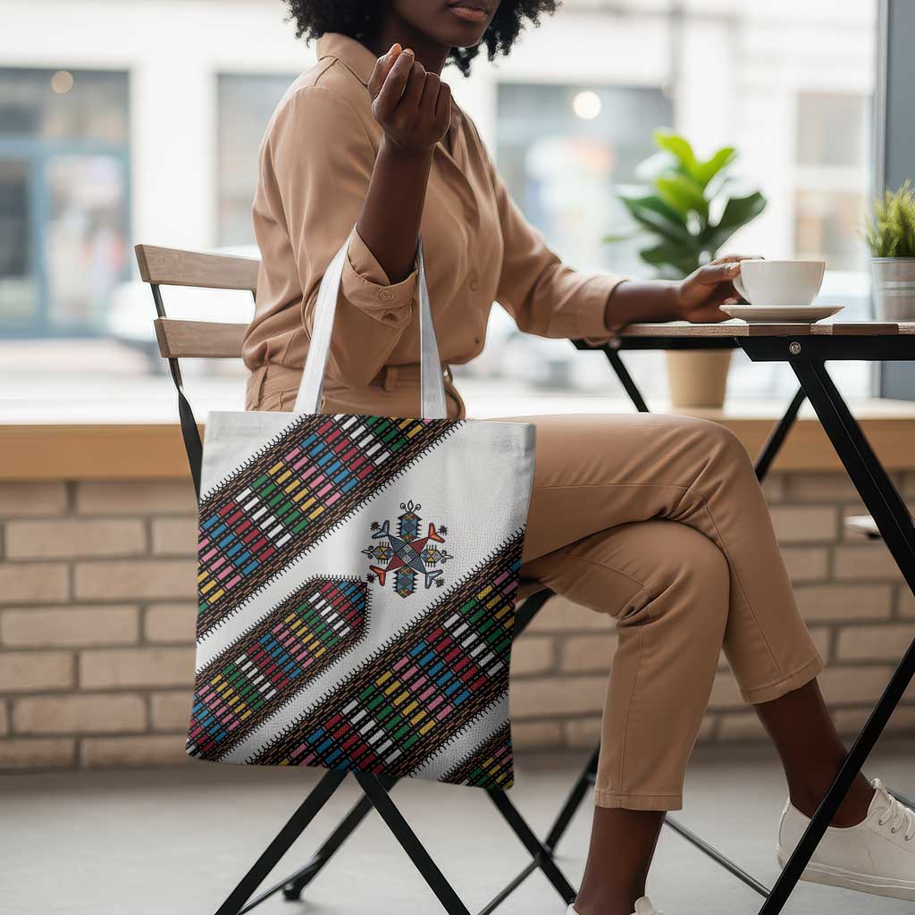 Habesha Kemis Inspired Tilet Pattern Tote Bag White