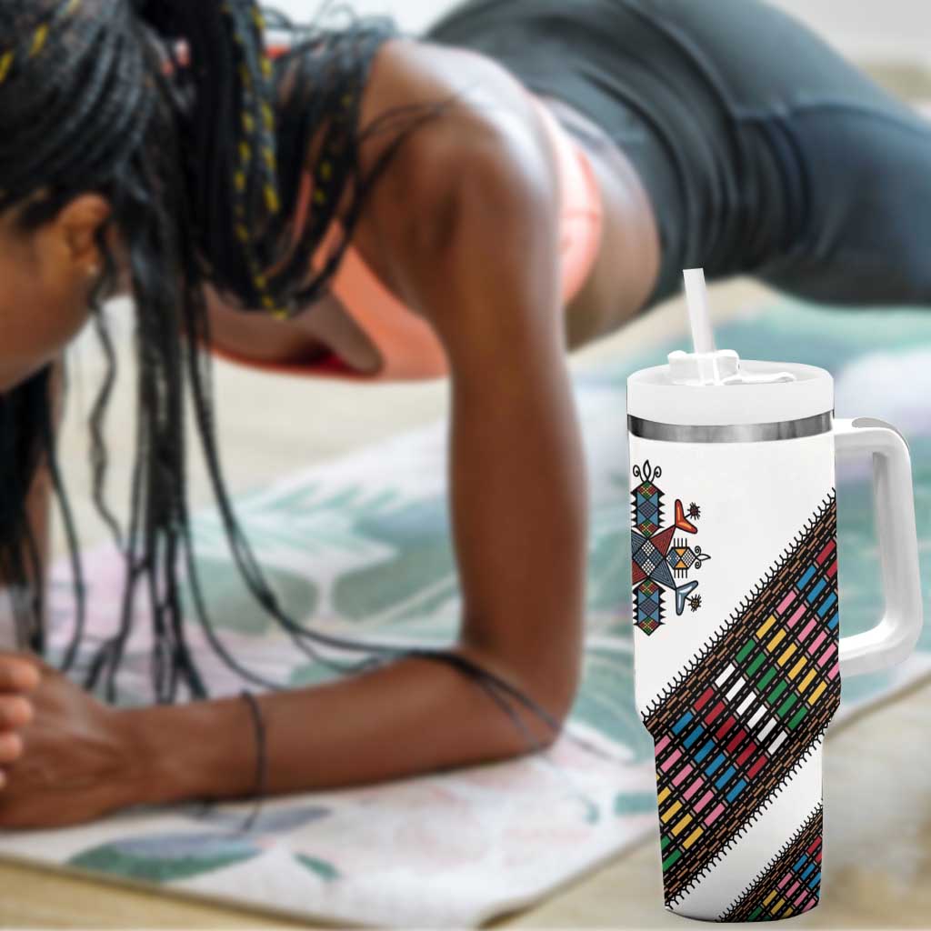 Habesha Kemis Inspired Tilet Pattern Tumbler With Handle White