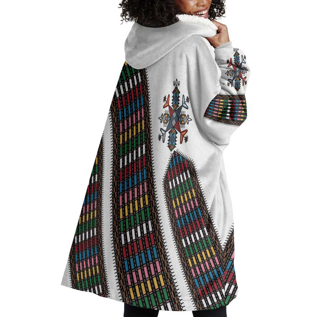 Habesha Kemis Inspired Tilet Pattern Wearable Blanket Hoodie White