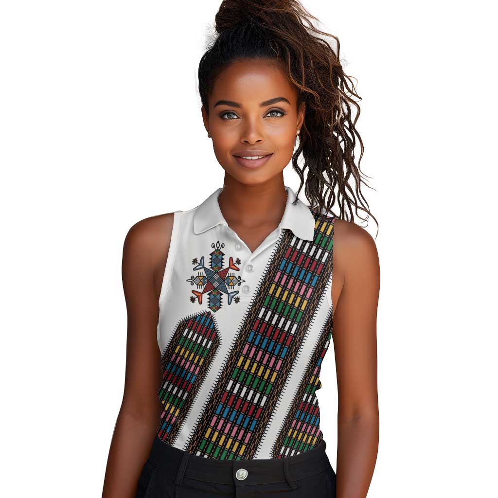 Habesha Kemis Inspired Tilet Pattern Women Sleeveless Polo Shirt White