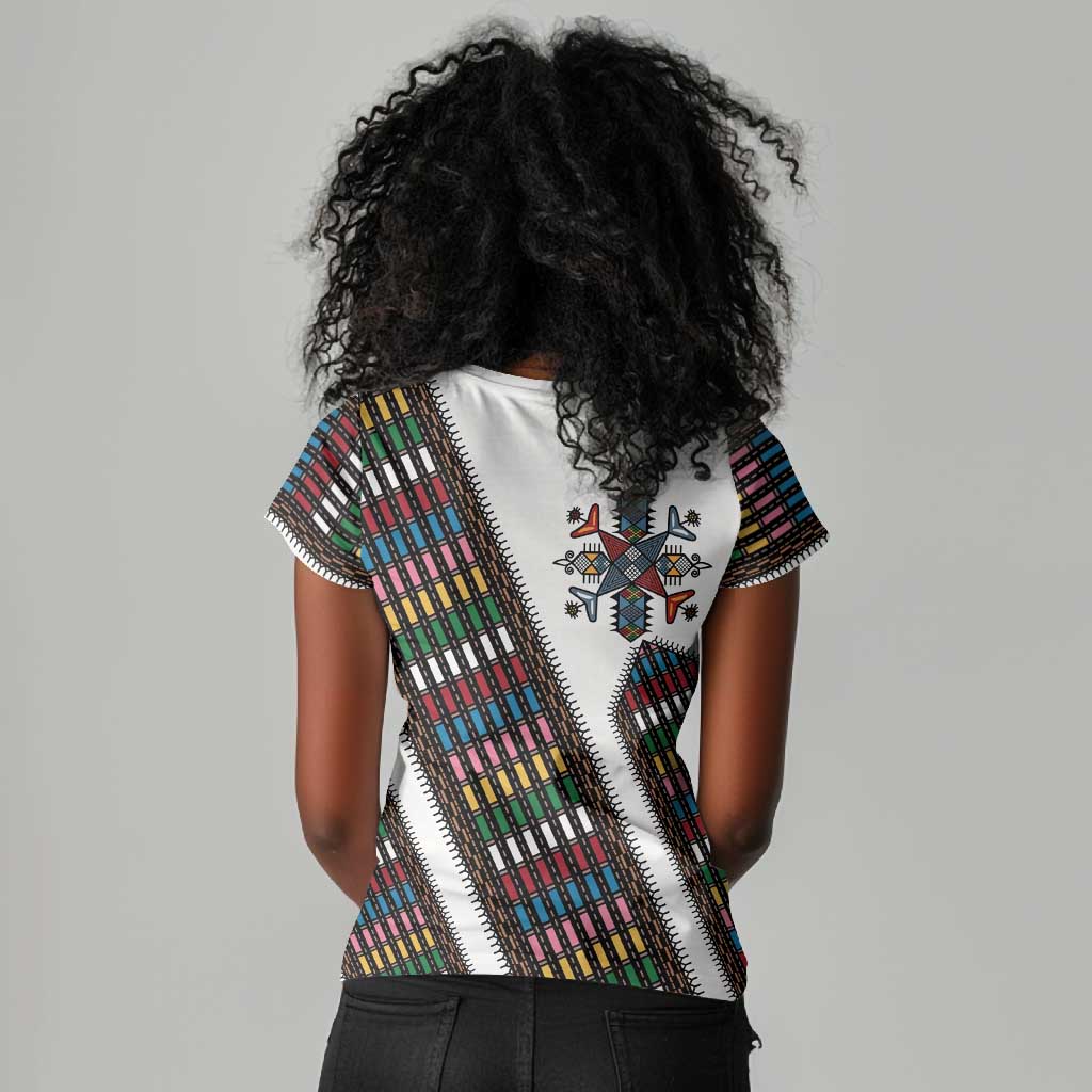 Habesha Kemis Inspired Tilet Pattern Women V-Neck T-Shirt White