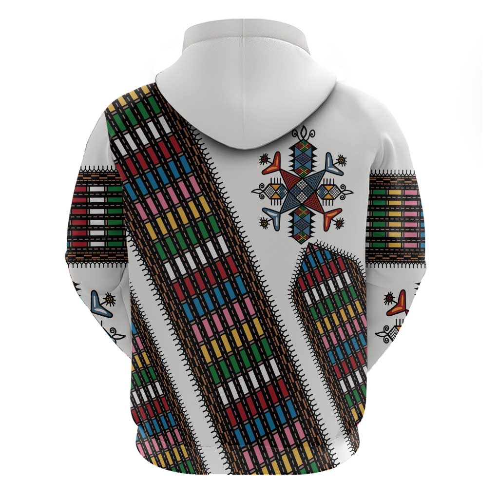 Habesha Kemis Inspired Tilet Pattern Zip Hoodie White