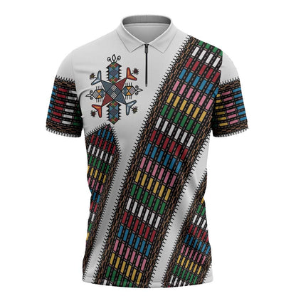 Habesha Kemis Inspired Tilet Pattern Zipper Polo Shirt White