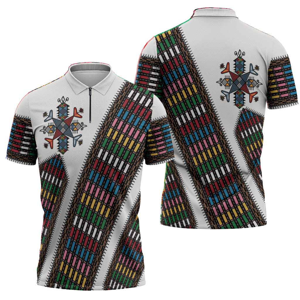 Habesha Kemis Inspired Tilet Pattern Zipper Polo Shirt White