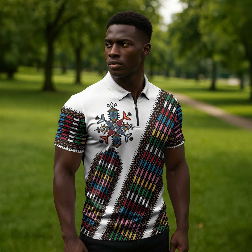 Habesha Kemis Inspired Tilet Pattern Zipper Polo Shirt White