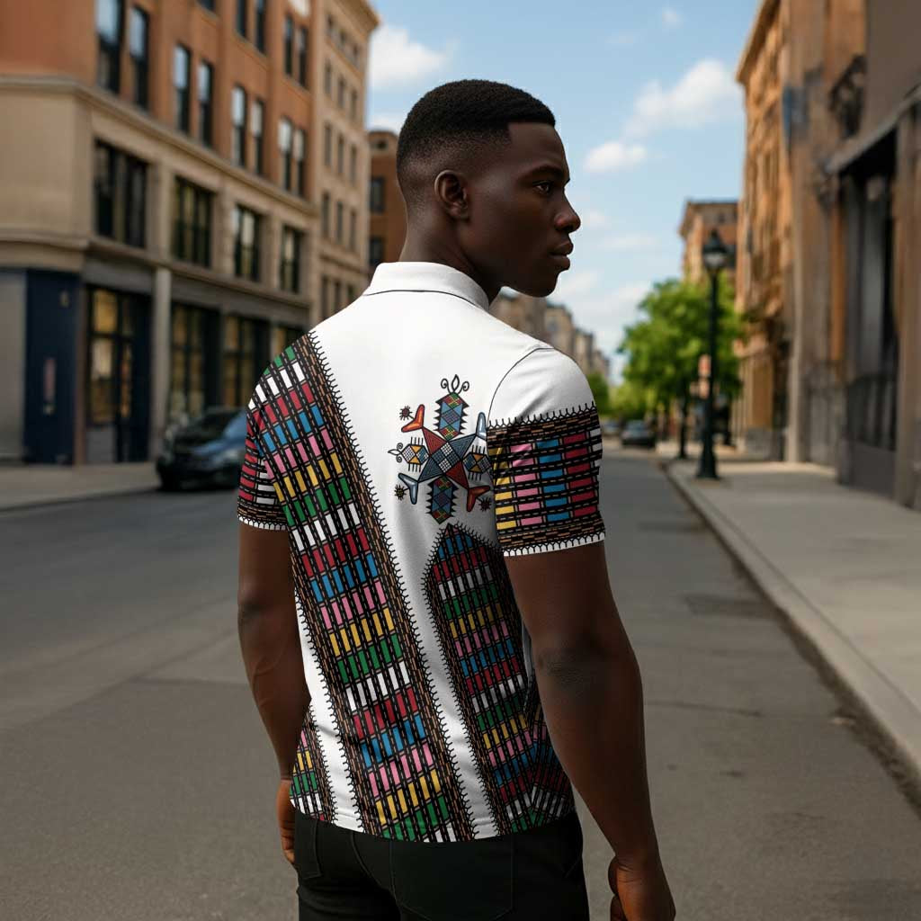 Habesha Kemis Inspired Tilet Pattern Zipper Polo Shirt White