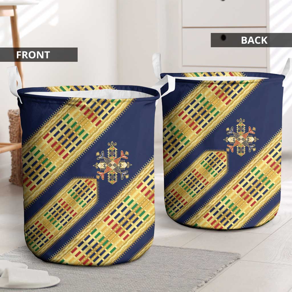 Habesha Kemis Inspired Tilet Pattern Laundry Basket Royal Blue - Gold
