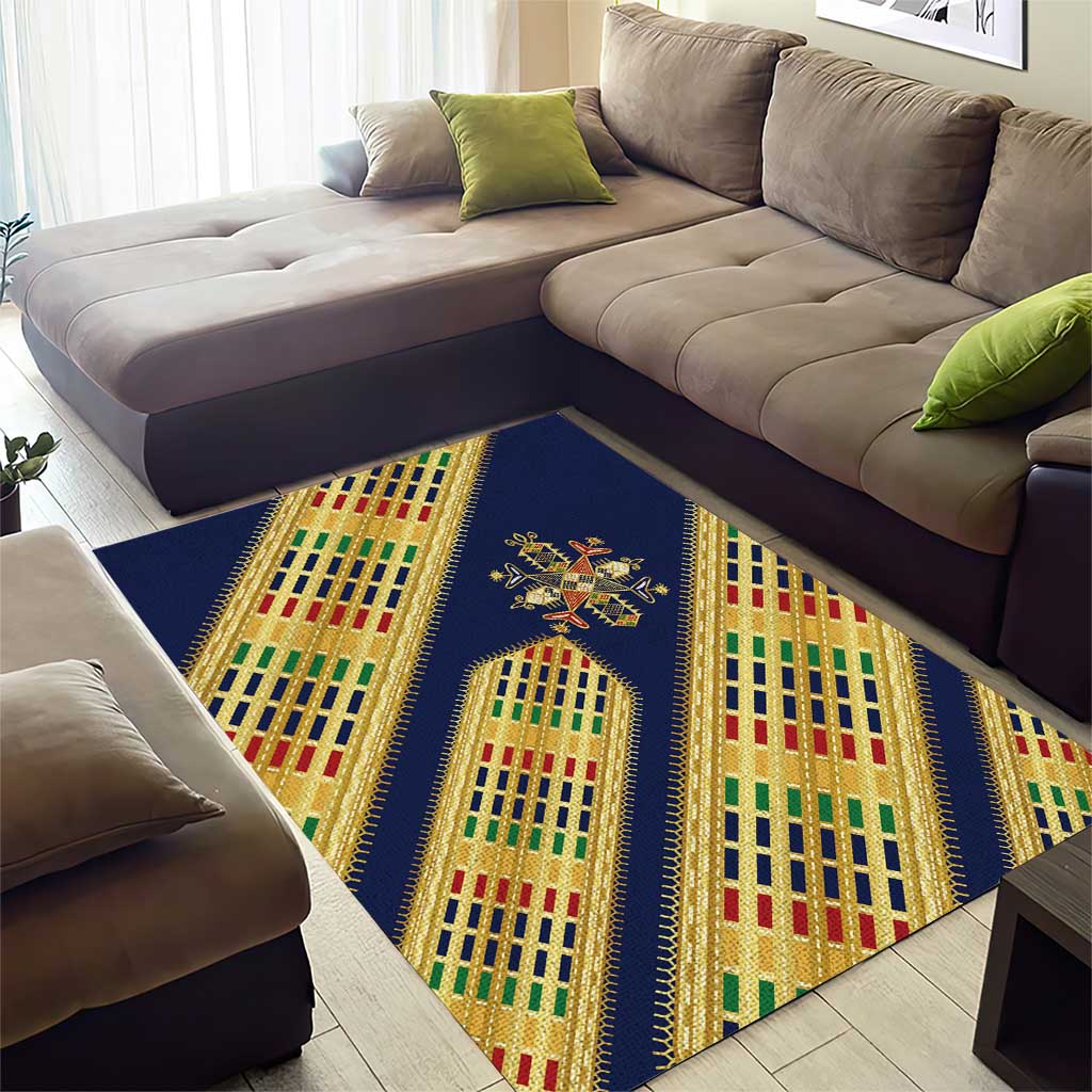Habesha Kemis Inspired Tilet Pattern Area Rug Royal Blue - Gold