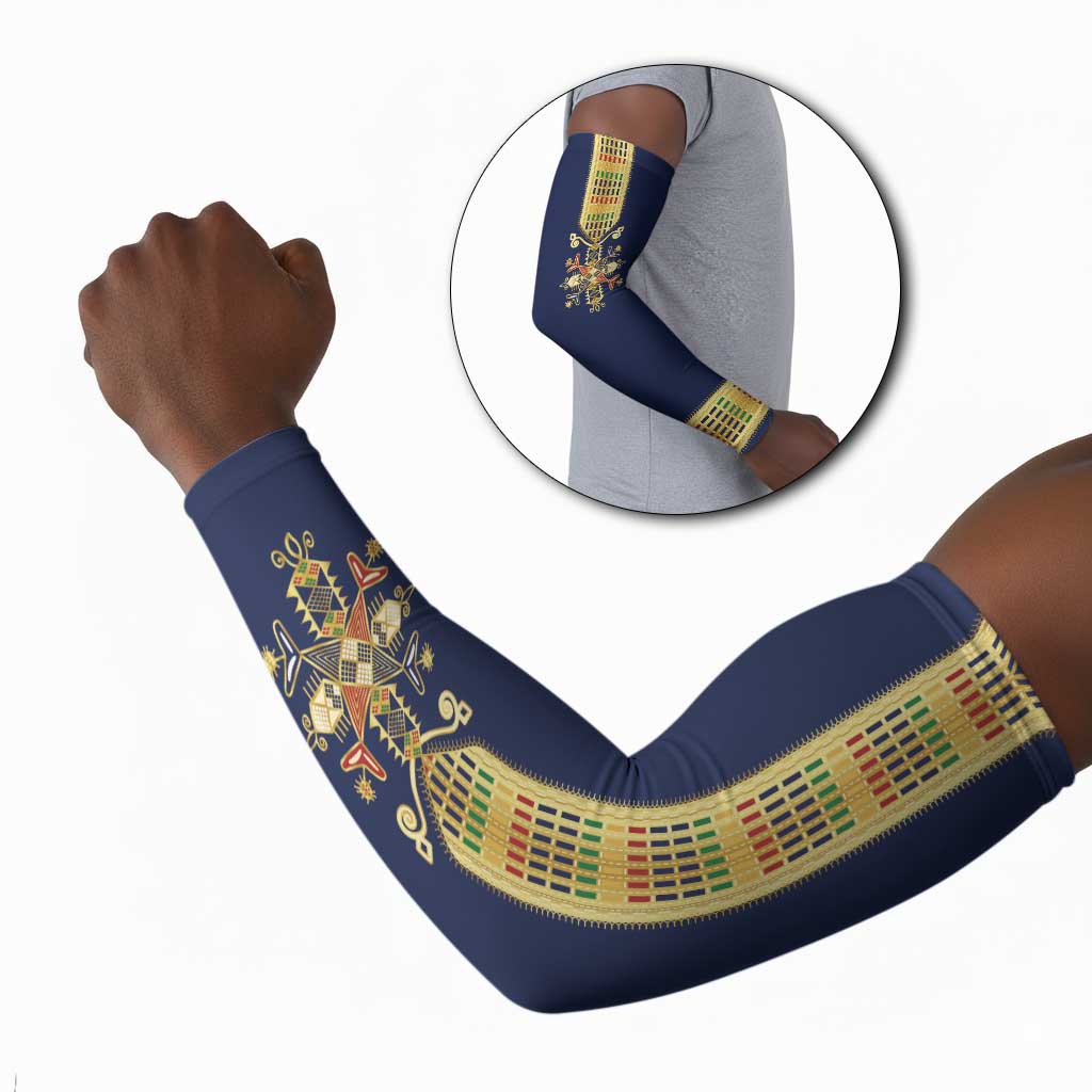 Habesha Kemis Inspired Tilet Pattern Arm Sleeves Royal Blue - Gold