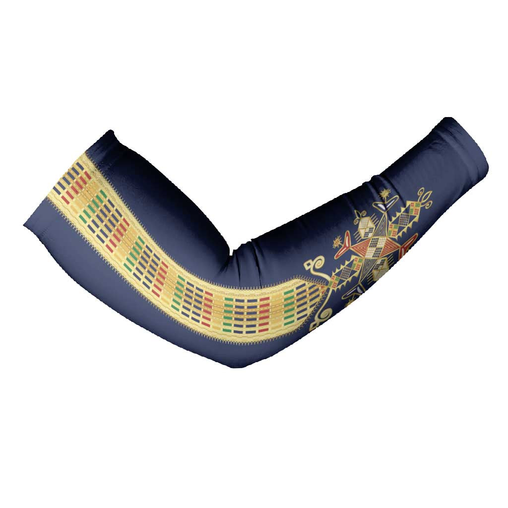 Habesha Kemis Inspired Tilet Pattern Arm Sleeves Royal Blue - Gold