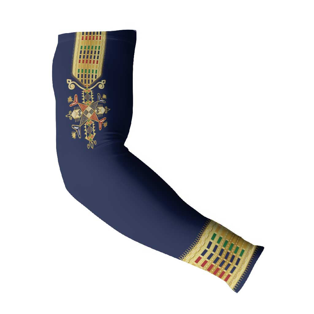 Habesha Kemis Inspired Tilet Pattern Arm Sleeves Royal Blue - Gold
