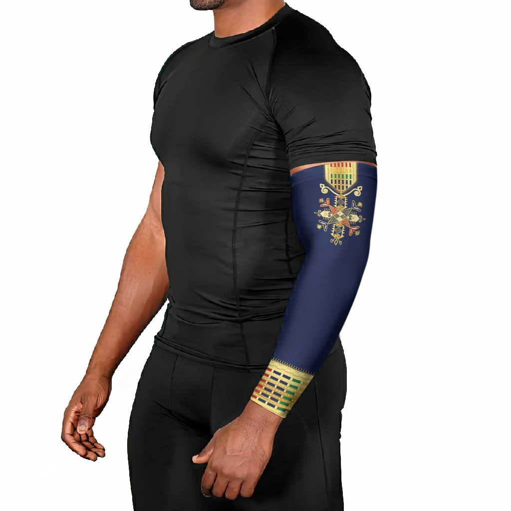 Habesha Kemis Inspired Tilet Pattern Arm Sleeves Royal Blue - Gold