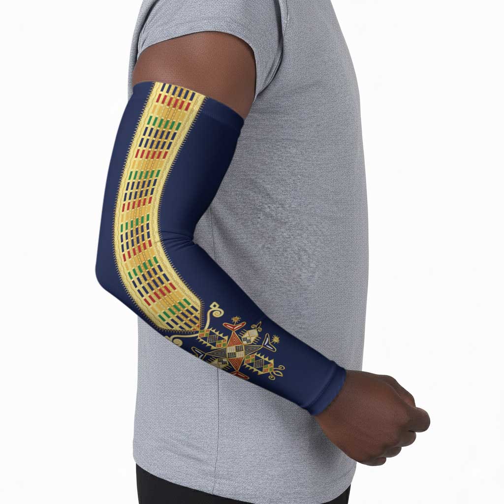 Habesha Kemis Inspired Tilet Pattern Arm Sleeves Royal Blue - Gold